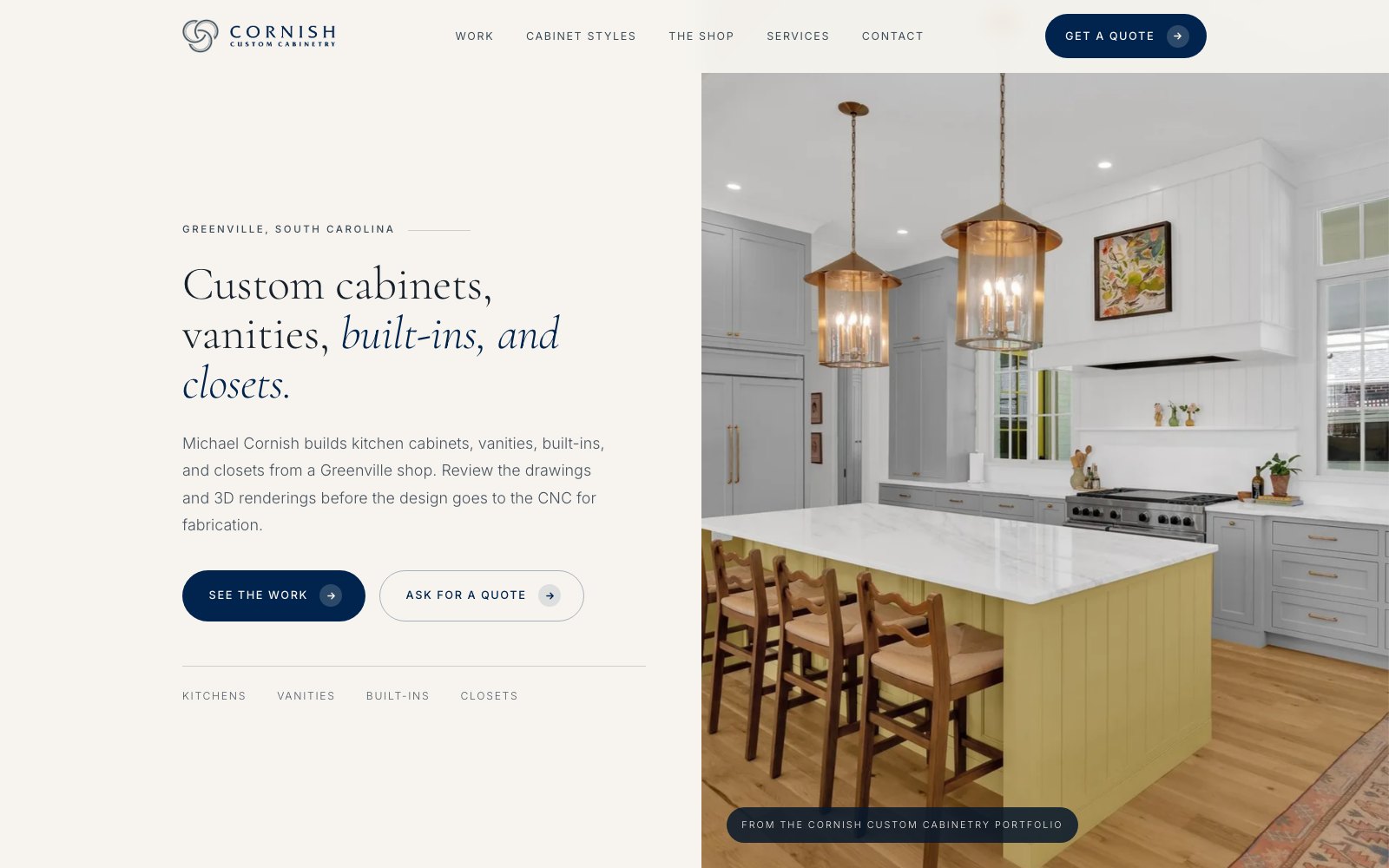 The new Cornish Custom Cabinetry homepage concept